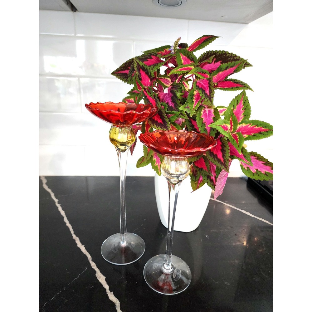 Vintage Red Amber Art Glass Compotes Hand-Blown Candle Holder Pair 10" 9"
